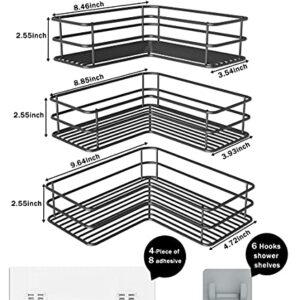 Purdaz Corner Shower Caddy,3 Pack Adhesive Large Shower Caddy with Movable 6 Hooks Shower Shelves No Drilling Rustproof Shower Shelf for Bathroom Shower Storage for Inside Shower Organizer,Black
