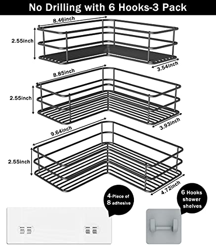 Purdaz Corner Shower Caddy,3 Pack Adhesive Large Shower Caddy with Movable 6 Hooks Shower Shelves No Drilling Rustproof Shower Shelf for Bathroom Shower Storage for Inside Shower Organizer,Black