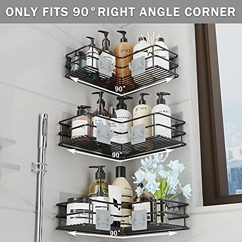 Purdaz Corner Shower Caddy,3 Pack Adhesive Large Shower Caddy with Movable 6 Hooks Shower Shelves No Drilling Rustproof Shower Shelf for Bathroom Shower Storage for Inside Shower Organizer,Black