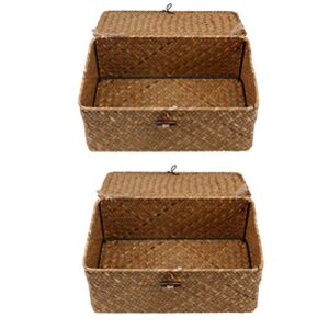 Generic 2pcs Woven Storage Boxes with Lid Seaweed Storage Case Closet Organizer Containers for Bedroom Office, ZMMPI11DL10CT331I6V0DT, 23X13X8CM