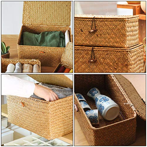 Generic 2pcs Woven Storage Boxes with Lid Seaweed Storage Case Closet Organizer Containers for Bedroom Office, ZMMPI11DL10CT331I6V0DT, 23X13X8CM