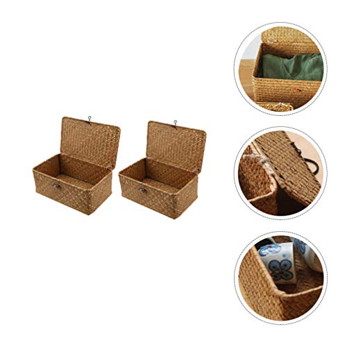 Generic 2pcs Woven Storage Boxes with Lid Seaweed Storage Case Closet Organizer Containers for Bedroom Office, ZMMPI11DL10CT331I6V0DT, 23X13X8CM