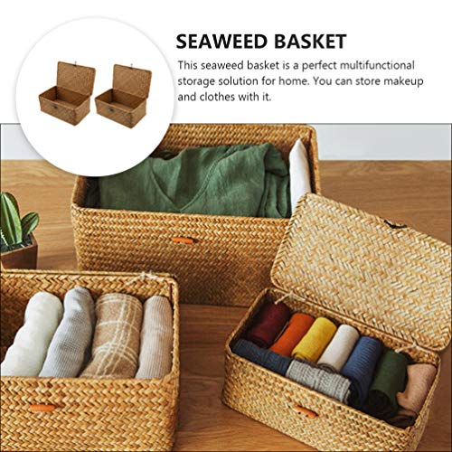 Generic 2pcs Woven Storage Boxes with Lid Seaweed Storage Case Closet Organizer Containers for Bedroom Office, ZMMPI11DL10CT331I6V0DT, 23X13X8CM