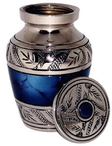 akanksha arts classic small mini cremation keepsake urn for human ashes – with box and velvet box - 2.6 inch - blue fire design - made of brass