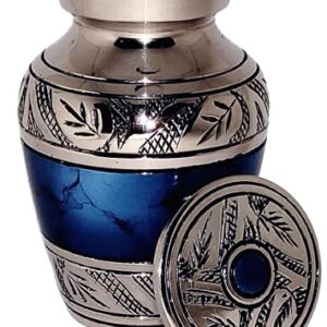 AKANKSHA ARTS Classic Small Mini Cremation Keepsake Urn for Human Ashes – with Box and Velvet Box - 2.6 inch - Blue Fire Design - Made of Brass