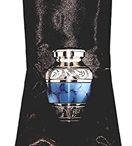 AKANKSHA ARTS Classic Small Mini Cremation Keepsake Urn for Human Ashes – with Box and Velvet Box - 2.6 inch - Blue Fire Design - Made of Brass