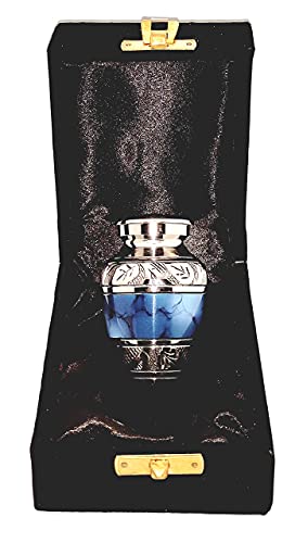 AKANKSHA ARTS Classic Small Mini Cremation Keepsake Urn for Human Ashes – with Box and Velvet Box - 2.6 inch - Blue Fire Design - Made of Brass