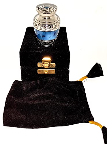 AKANKSHA ARTS Classic Small Mini Cremation Keepsake Urn for Human Ashes – with Box and Velvet Box - 2.6 inch - Blue Fire Design - Made of Brass