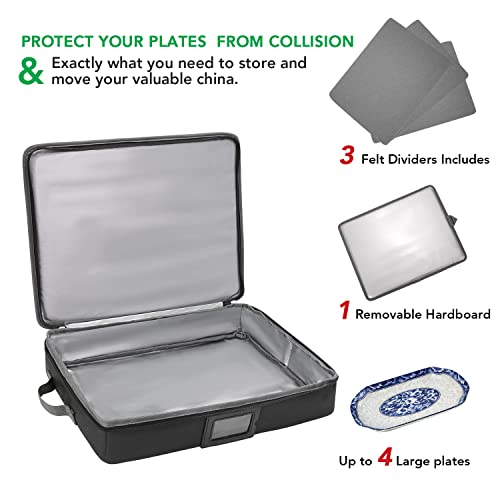 KGMCARE Large Platter Storage Case, China Storage Containers for Plates Storage and Moving with Lid and Handles, 17'' x 13'' China Serving Platter Protector Box, Felt Dividers Included (Black)