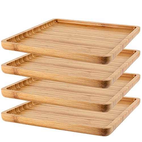 MUKLEI 4 Pack 12 Inches Square Bamboo Tray, Natural Bamboo Serving Platter, Bamboo Serving Tray for Coffee, Tea, Fruits, Cheese