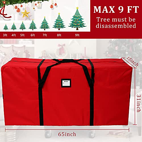 AerWo Christmas Tree Storage Bag Extra Large Christmas Storage Containers, Fits Up to 9 Ft Artificial Trees, Heavy-Duty Waterproof 600D Oxford Xmas Holiday Tree Storage Bag (65” x 31” x 15”, Red)
