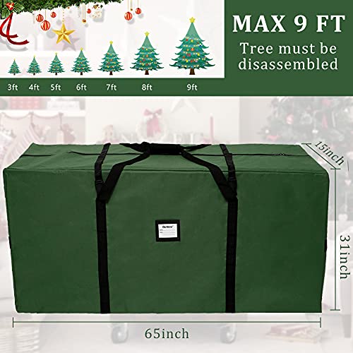 AerWo Christmas Tree Storage Bag, Extra Large Christmas Storage Containers Fits Up to 9ft Artificial Tree, Heavy-Duty Waterproof 600D Oxford Xmas Holiday Tree Bag with Card Slot(65” X 31” X 15”, Green)