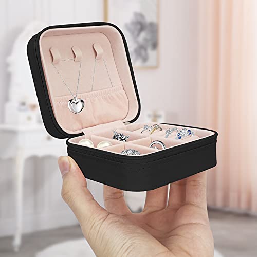 Unaone Small Jewelry Box, Travel Jewelry Case Jewelry Organizer Box Portable Rings Earrings Necklaces Display Storage Case for Girls Women, Black