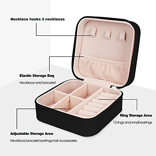 Unaone Small Jewelry Box, Travel Jewelry Case Jewelry Organizer Box Portable Rings Earrings Necklaces Display Storage Case for Girls Women, Black