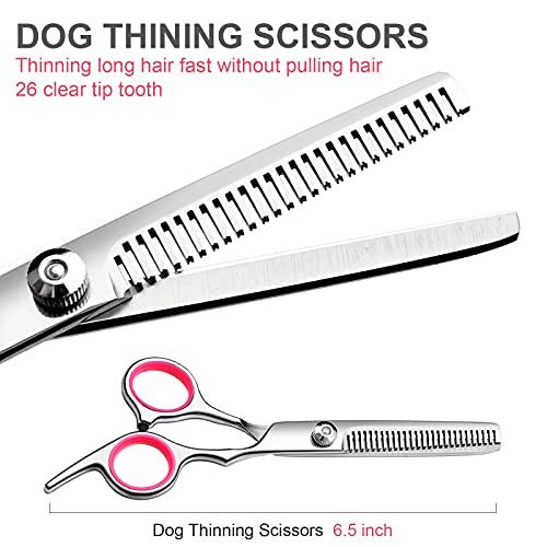 FAIGEO Dog Grooming Scissors Kit with Safety Round Tips Stainless Steel Professional Dog Grooming Shears Set - Thinning, Curved Scissors and Comb for Dog Cat Pet