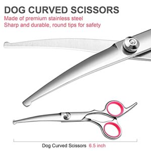 FAIGEO Dog Grooming Scissors Kit with Safety Round Tips Stainless Steel Professional Dog Grooming Shears Set - Thinning, Curved Scissors and Comb for Dog Cat Pet