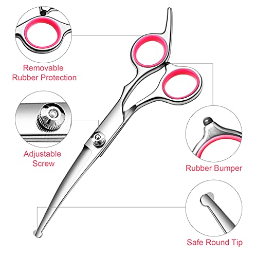 FAIGEO Dog Grooming Scissors Kit with Safety Round Tips Stainless Steel Professional Dog Grooming Shears Set - Thinning, Curved Scissors and Comb for Dog Cat Pet