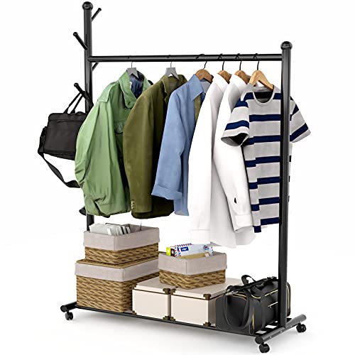 EKNITEY Clothes Garment Rack Portable - Rolling Clothing Organizer Rack on Wheels with Bottom Shelves (Black)