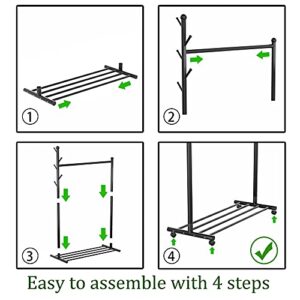 EKNITEY Clothes Garment Rack Portable - Rolling Clothing Organizer Rack on Wheels with Bottom Shelves (Black)