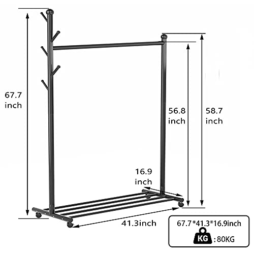 EKNITEY Clothes Garment Rack Portable - Rolling Clothing Organizer Rack on Wheels with Bottom Shelves (Black)