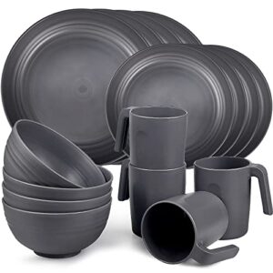 shopwithgreen plastic dinnerware sets (16pcs) - lightweight & unbreakable dinnerware set - microwave safe plates set, bowls, cups mugs, service for 4, great for kids & adult (grey)
