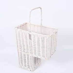 SHCMSADO Woven Wicker Stair Basket with Handles, Step Storage Basket (White)