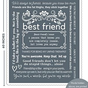 FILO ESTILO Funny Best Friend Blanket, Best Friend Mothers Day or Birthday Gifts for Women, Female, Bestie Blanket with Fun Quotes, Unique Friendship Presents, 60x50 Inches (Grey, Sherpa)