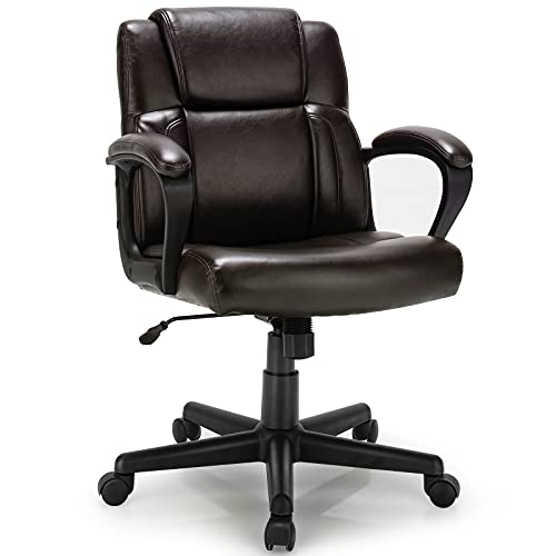 Giantex Office Chair, Leather Modern Executive Chair, Ergonomic Mid Back Computer Desk Chair w/Padded Armrests, Height Adjustable Swivel Task Chair w/Rocking Function, Dark Brown