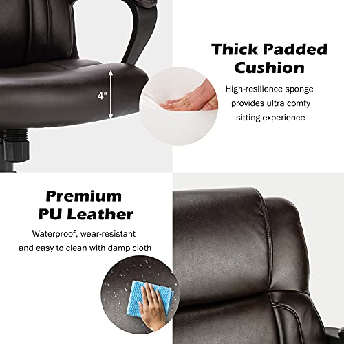 Giantex Office Chair, Leather Modern Executive Chair, Ergonomic Mid Back Computer Desk Chair w/Padded Armrests, Height Adjustable Swivel Task Chair w/Rocking Function, Dark Brown