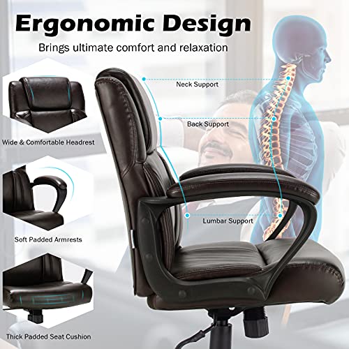 Giantex Office Chair, Leather Modern Executive Chair, Ergonomic Mid Back Computer Desk Chair w/Padded Armrests, Height Adjustable Swivel Task Chair w/Rocking Function, Dark Brown