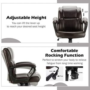 Giantex Office Chair, Leather Modern Executive Chair, Ergonomic Mid Back Computer Desk Chair w/Padded Armrests, Height Adjustable Swivel Task Chair w/Rocking Function, Dark Brown