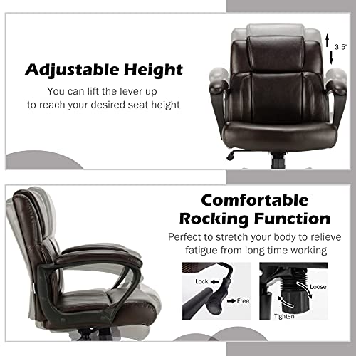 Giantex Office Chair, Leather Modern Executive Chair, Ergonomic Mid Back Computer Desk Chair w/Padded Armrests, Height Adjustable Swivel Task Chair w/Rocking Function, Dark Brown