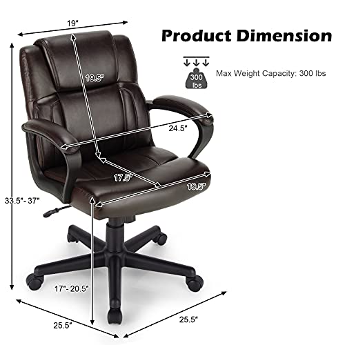 Giantex Office Chair, Leather Modern Executive Chair, Ergonomic Mid Back Computer Desk Chair w/Padded Armrests, Height Adjustable Swivel Task Chair w/Rocking Function, Dark Brown