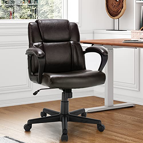 Giantex Office Chair, Leather Modern Executive Chair, Ergonomic Mid Back Computer Desk Chair w/Padded Armrests, Height Adjustable Swivel Task Chair w/Rocking Function, Dark Brown