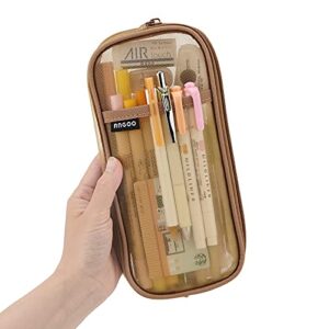easthill grid mesh pen pencil case with zipper clear makeup color pouch cosmetics bag multi-purpose travel school teen girls transparent stationary bag office organizer box for adluts(khaki)