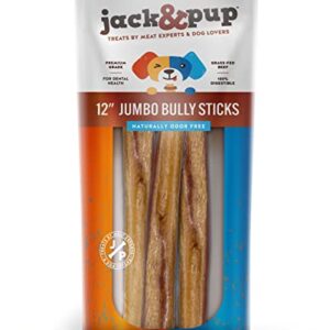 Jack&Pup Jumbo Bully Sticks for Large Dogs Aggressive Chewers - Bully Sticks 12 Inch Odor Free Beef Chew Sticks for Dogs, Premium Grade Healthy Dog Treats Long Lasting Dog Chews (Jumbo Thick - 3 Pack)