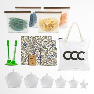 reusable silicone food storage bags bundle, 15 pack | includes 35oz medium food preservation bags set of (4), beeswax wrap set of (3), silicone stretch lids set of (6), bag holder & cotton storage bag as packaging