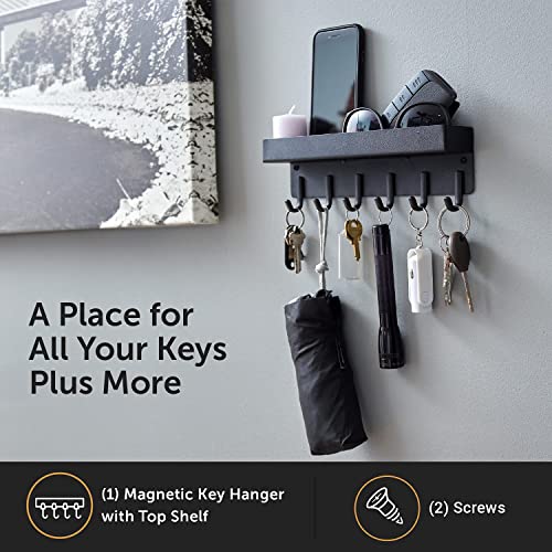 NM E-Store - Magnetic Key Holder w/ 6 Key Hooks, Key Holder for Wall w/Built-in Extra-Deep Tray, Multifunctional Key Hooks for Wall Mounting, Modern Key Rack Organizer, Black