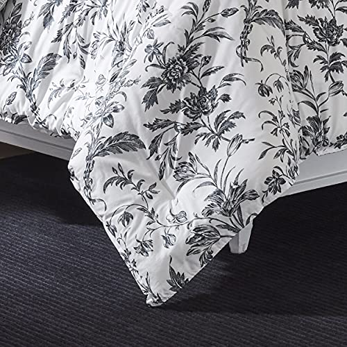 Laura Ashley - Queen Comforter Set, Reversible Cotton Bedding, Includes Matching Shams with Bonus Euro Shams & Throw Pillows (Amberley Black/White, Queen)