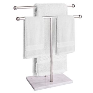 homeries marble hand towel holder - stainless steel towel stand with round marble base - double t-shape hand towel valet for bathroom, vanity top towel stand, counter towel bar, jewelry rack