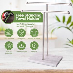 Homeries Marble Hand Towel Holder - Stainless Steel Towel Stand with Round Marble Base - Double T-Shape Hand Towel Valet for Bathroom, Vanity Top Towel Stand, Counter Towel Bar, Jewelry Rack