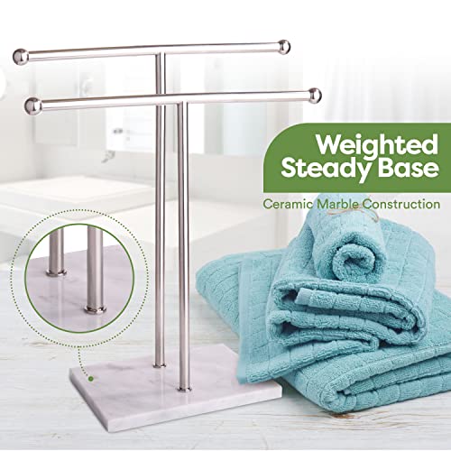 Homeries Marble Hand Towel Holder - Stainless Steel Towel Stand with Round Marble Base - Double T-Shape Hand Towel Valet for Bathroom, Vanity Top Towel Stand, Counter Towel Bar, Jewelry Rack