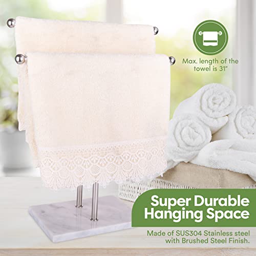 Homeries Marble Hand Towel Holder - Stainless Steel Towel Stand with Round Marble Base - Double T-Shape Hand Towel Valet for Bathroom, Vanity Top Towel Stand, Counter Towel Bar, Jewelry Rack