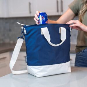 CleverMade Reusable Lunch Bag Cooler - Insulated Beach-Tote for Men & Women - Great for Meal Prep, Travel, Grocery Shopping - 12 Can Capacity with Shoulder Strap, Navy/Cream