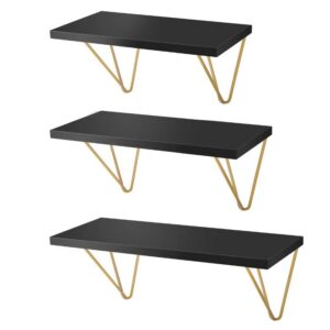 DCIGNA Floating Shelves Wall Mounted Set of 3, White Floating Shelves with Triangle Gold Bracket, Hanging Wall Shelves for Home Decor, Living Room, Bedroom, Kitchen, Bathroom etc. (Black)