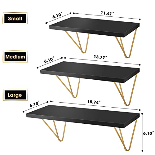 DCIGNA Floating Shelves Wall Mounted Set of 3, White Floating Shelves with Triangle Gold Bracket, Hanging Wall Shelves for Home Decor, Living Room, Bedroom, Kitchen, Bathroom etc. (Black)