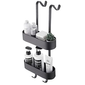 finechi over the door shower caddy hanging storage organizer rust proof aluminum bathroom tub storage rack with hooks and baskets(matte black, 2-tier)