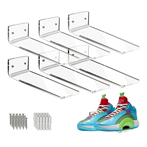 SIPRDE Floating Shoe Display Shelves for Wall Mount Set of 6 - Clear Acrylic Floating Shelves for Showcase Sneaker Collection or Shoes Box