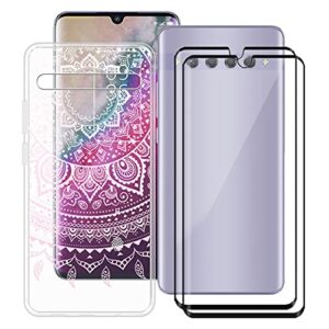 hhuan case for tcl 10 plus (6.47 inch) with 2 x tempered glass screen protector, clear soft silicone cover bumper tpu shockproof phone case for tcl 10 plus - wm86