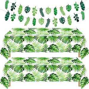 2 pieces palm leaf table covers hawaii green palm leaves tablecloths tropical leaves table cloths and 2 pieces palm leaves banners palm leaves banner decorations for tropical party decorations